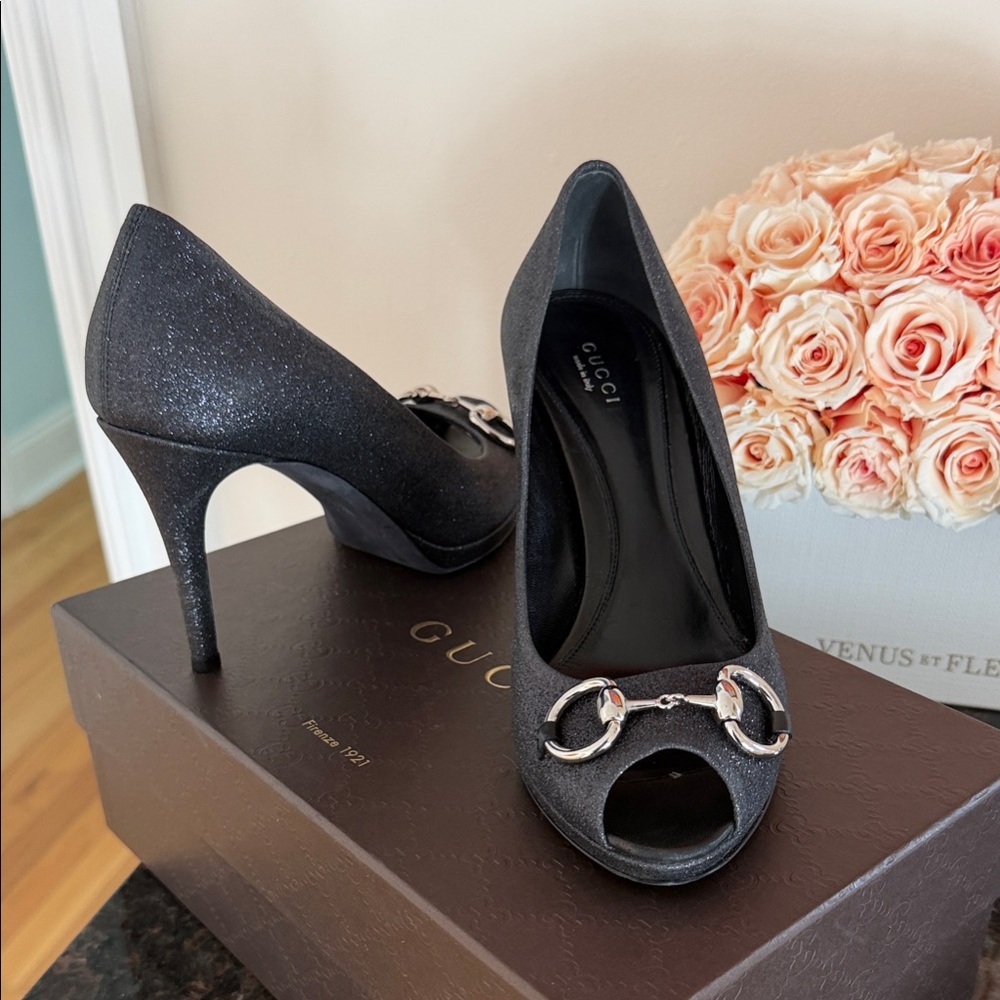 Gucci Sparkling Black Heels with Silver Detail